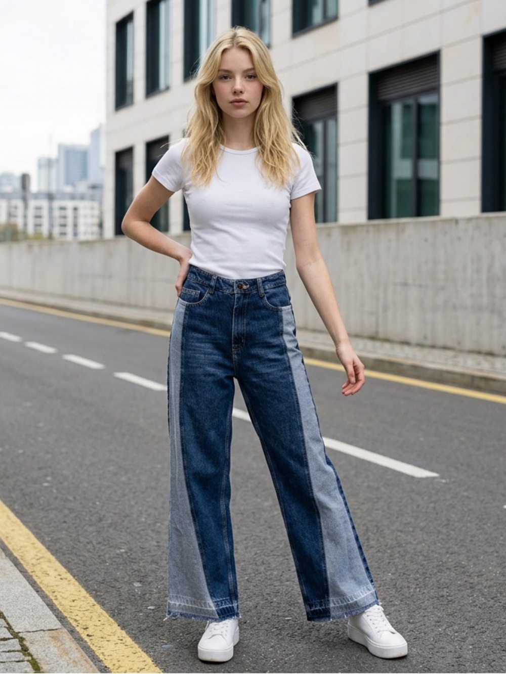 KOSI Jeans Women’s Wide Leg Two Tone Panel Denim Jeans Size 4 Raw Hem Colorblock